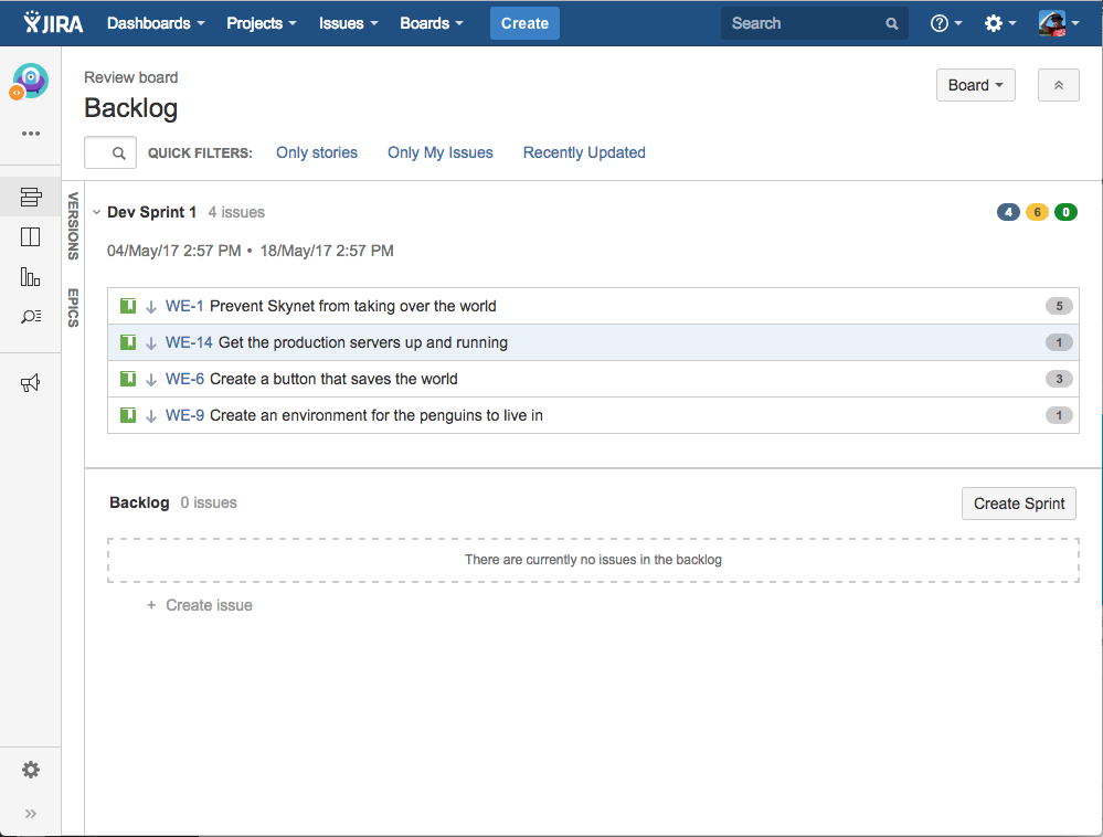 JIRA backlog-näkymä