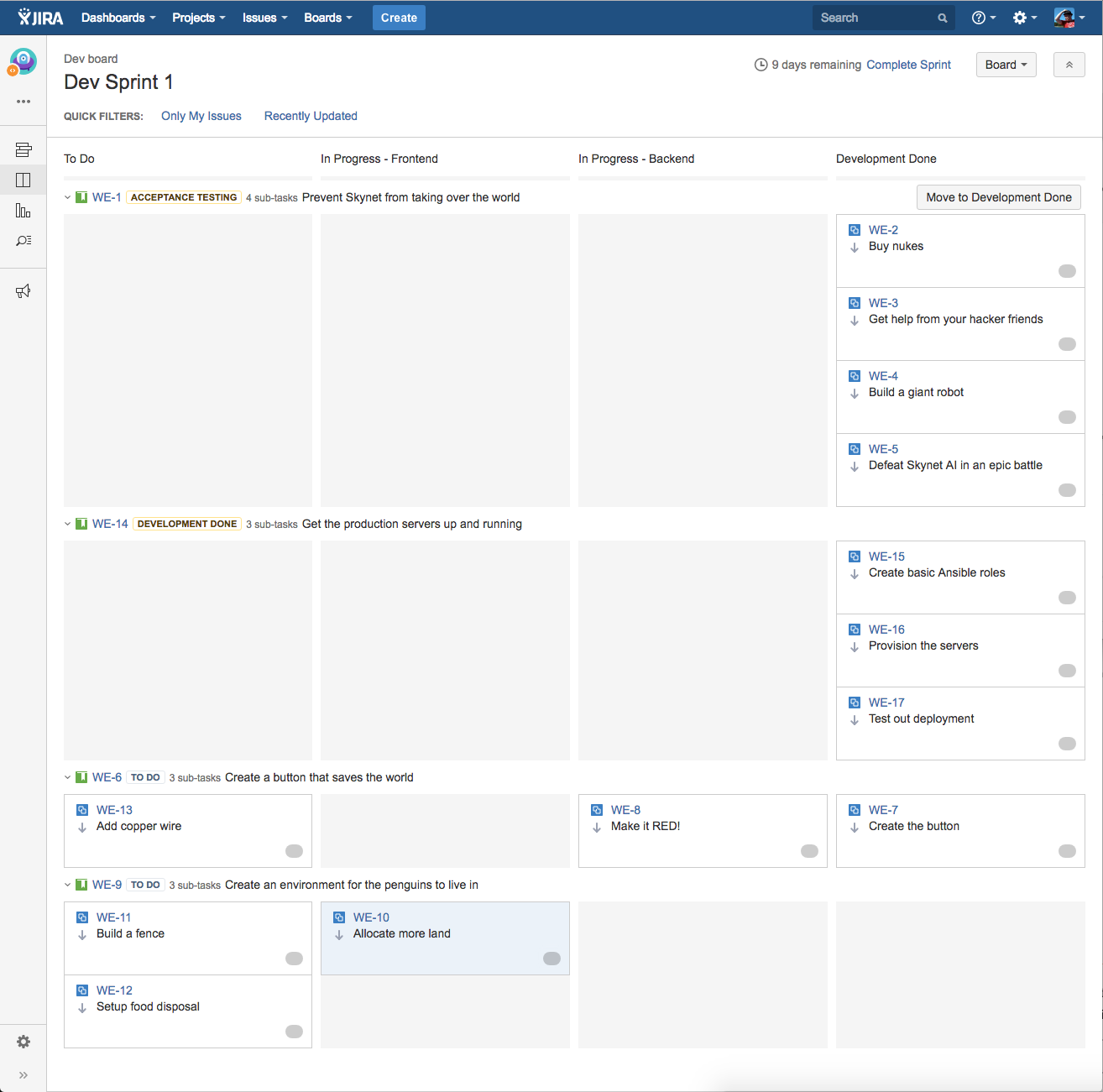 JIRA aktiivisen sprintin näkymä